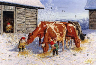 Die Kühe werden gefüttert Adventskalenderkarte mit 24 Türen, Umschlag und Glitzer von Jan Bergerlind